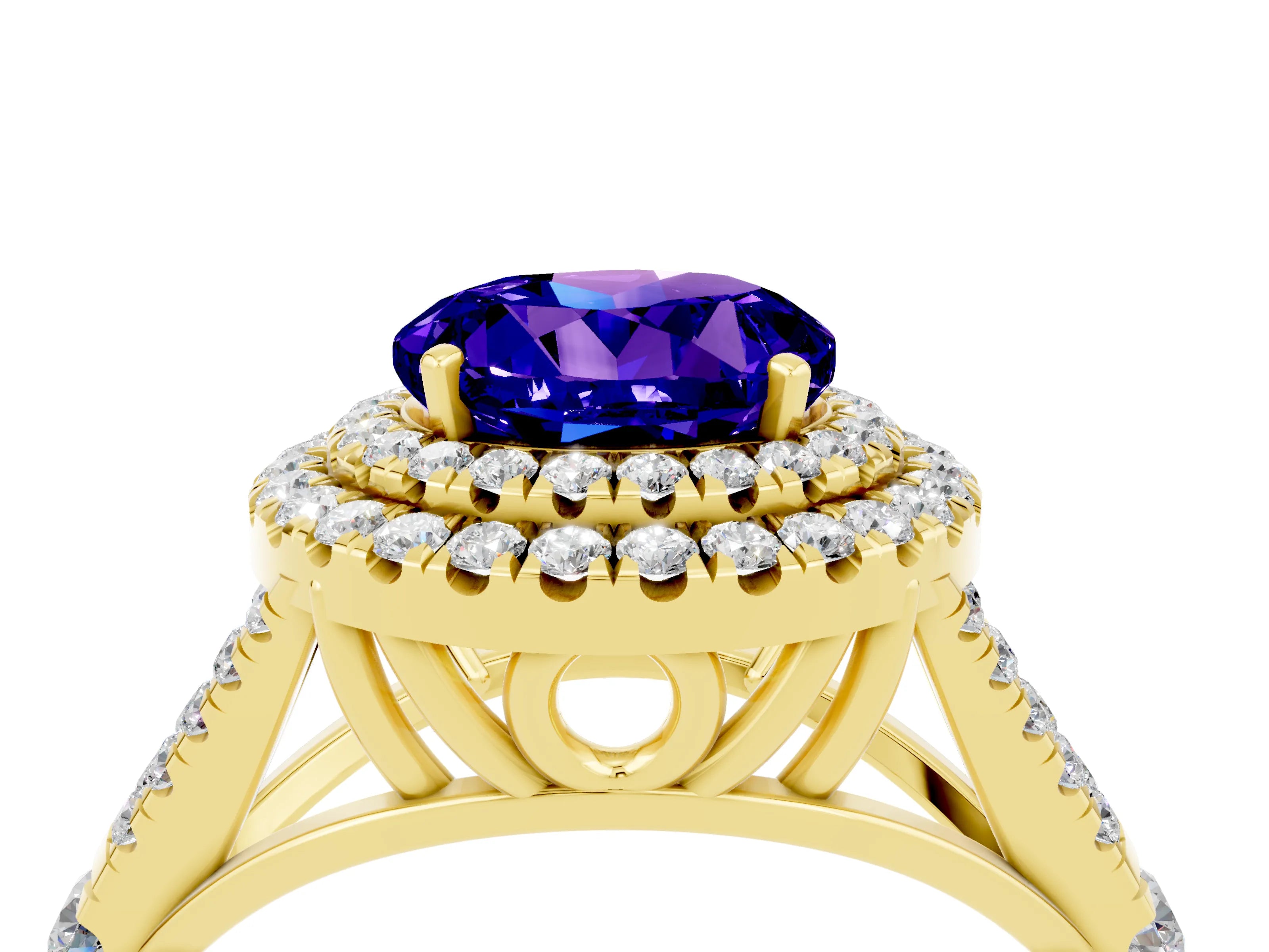 Yellow gold Round Cut Tanzanite Double Halo Ring with Split Shank and Prong Setting_16