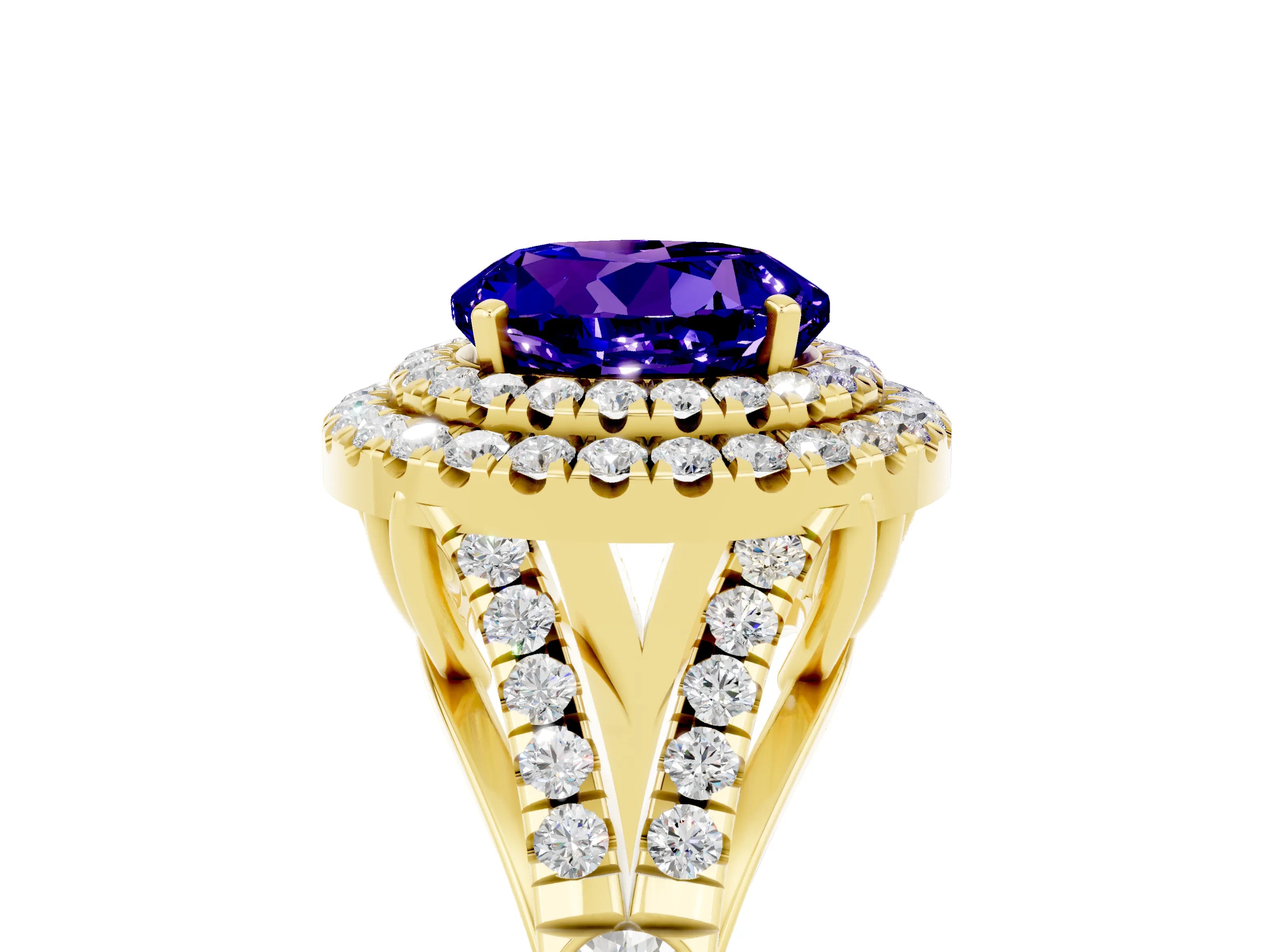 Yellow gold Round Cut Tanzanite Double Halo Ring with Split Shank and Prong Setting_17