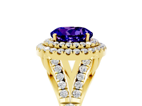 Yellow gold Round Cut Tanzanite Double Halo Ring with Split Shank and Prong Setting_17