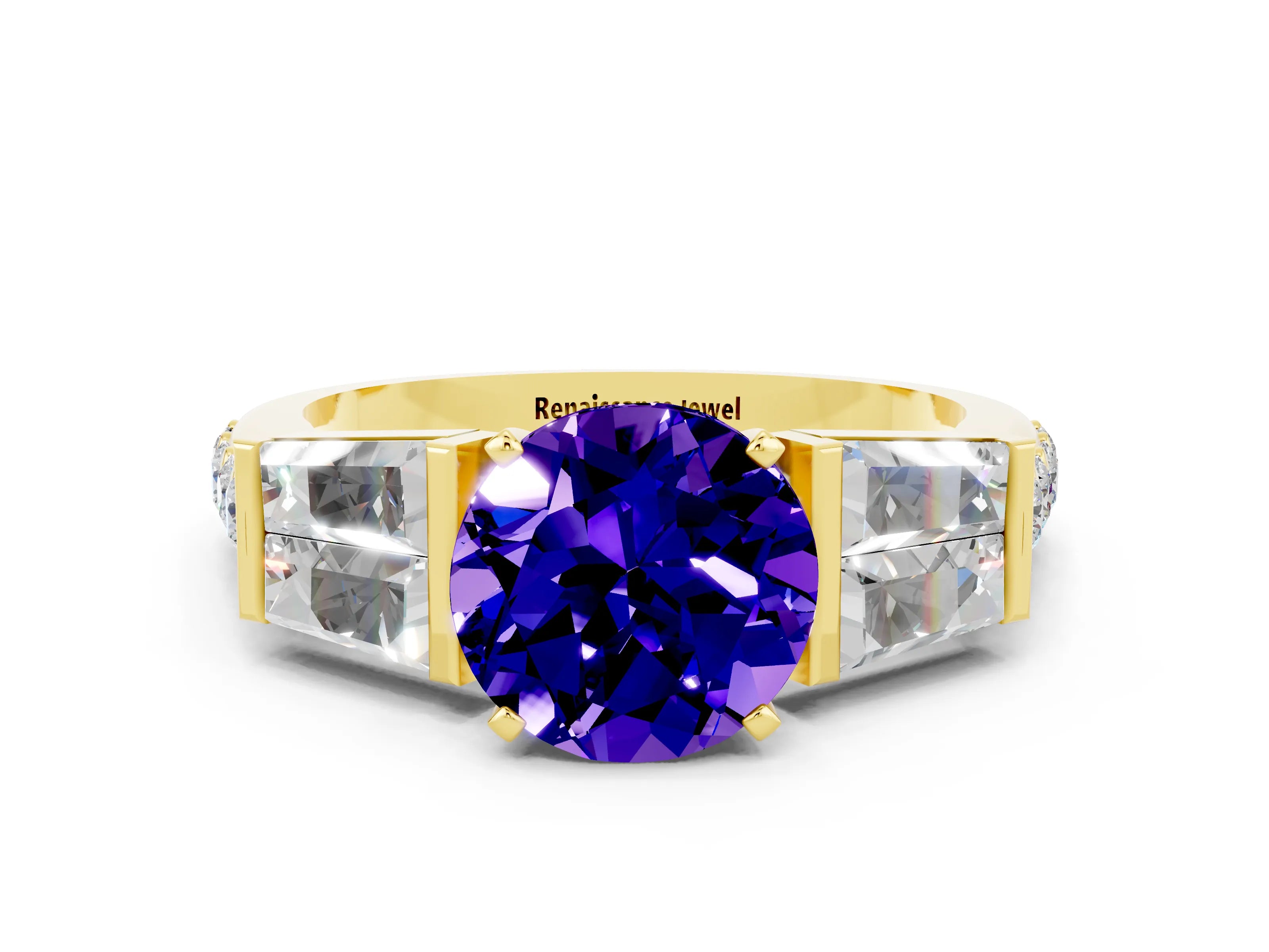 Yellow gold Round Cut Tanzanite Engagement Ring with Baguette Side Stones and Channel Set Band