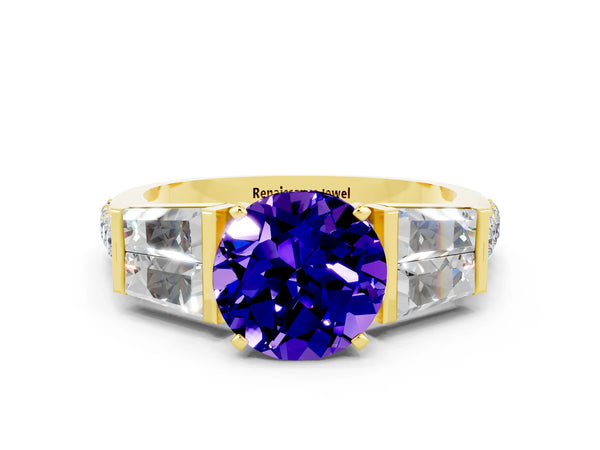 Yellow gold Round Cut Tanzanite Engagement Ring with Baguette Side Stones and Channel Set Band