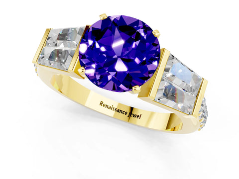 Yellow gold Round Cut Tanzanite Engagement Ring with Baguette Side Stones and Channel Set Band_1