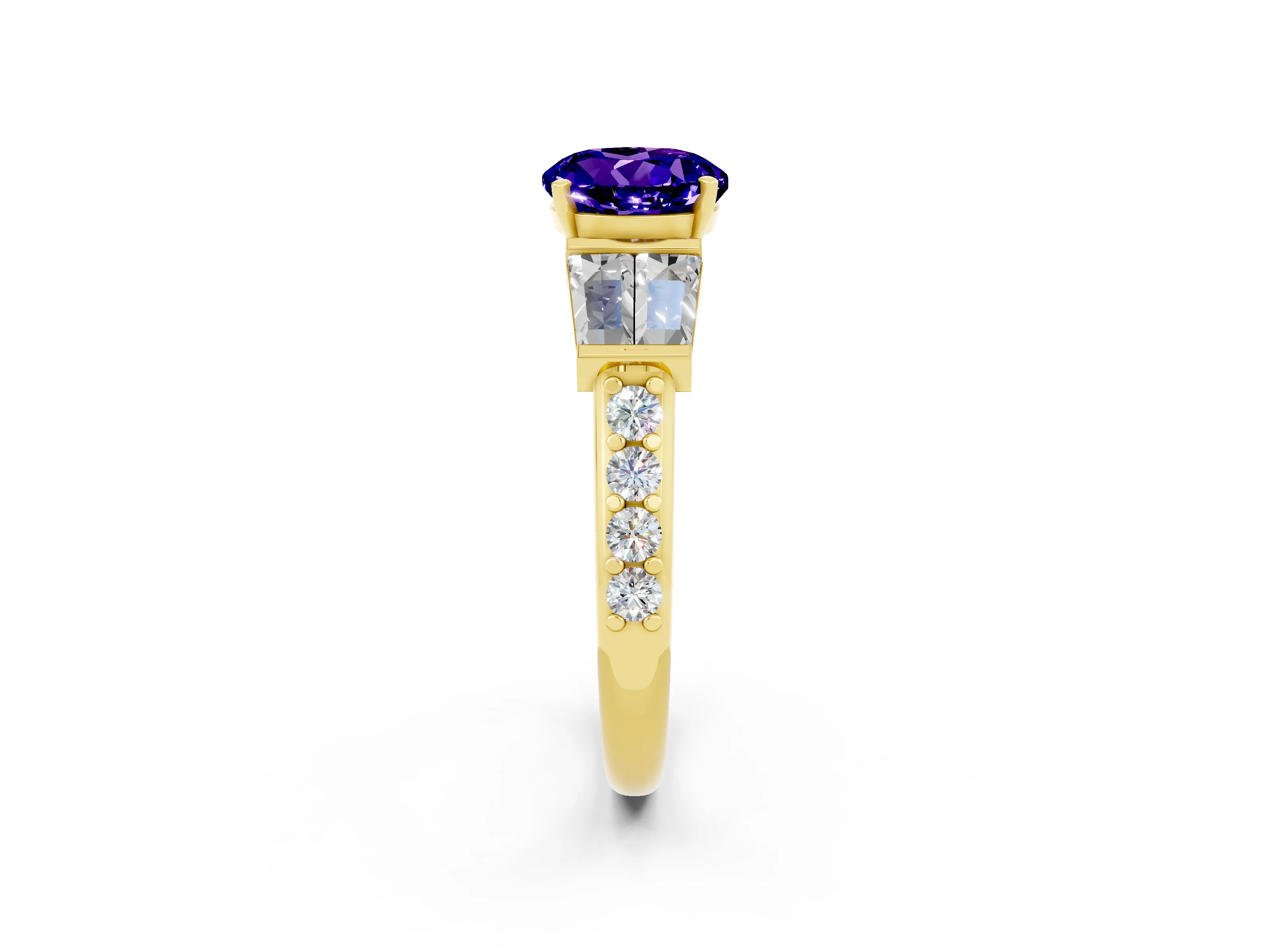 Yellow gold Round Cut Tanzanite Engagement Ring with Baguette Side Stones and Channel Set Band_2