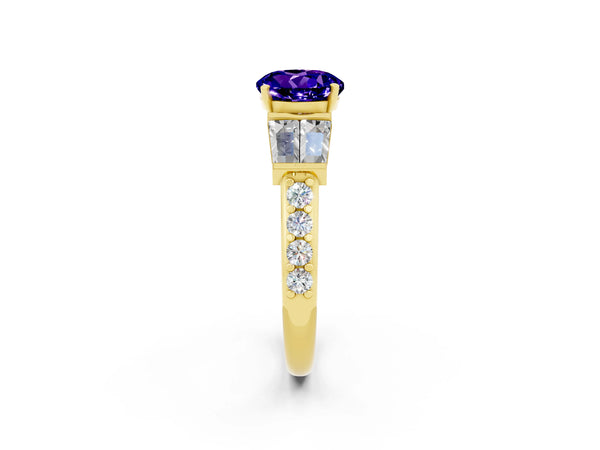 Yellow gold Round Cut Tanzanite Engagement Ring with Baguette Side Stones and Channel Set Band