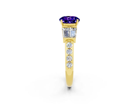 Yellow gold Round Cut Tanzanite Engagement Ring with Baguette Side Stones and Channel Set Band_2
