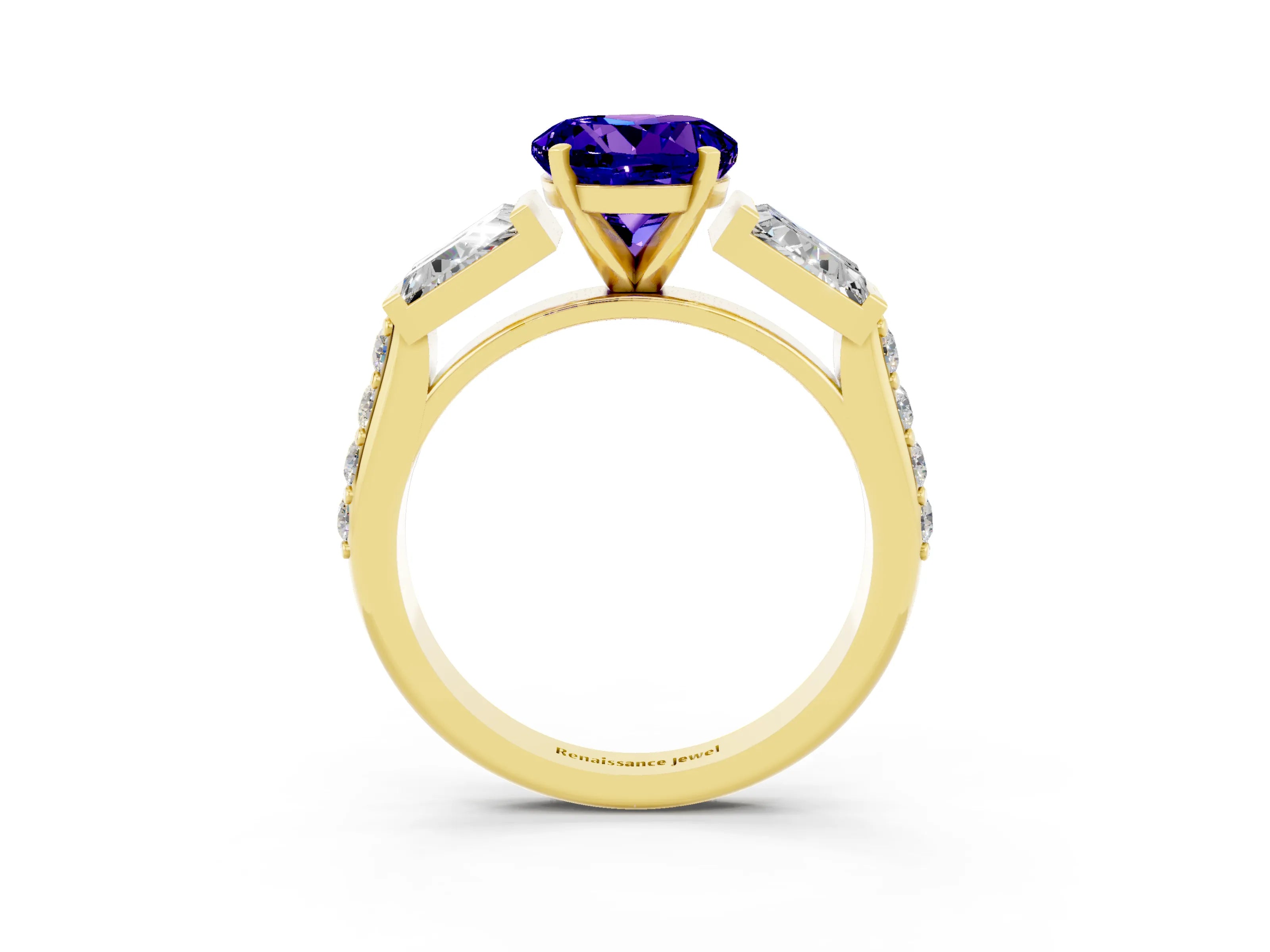 Yellow gold Round Cut Tanzanite Engagement Ring with Baguette Side Stones and Channel Set Band_3