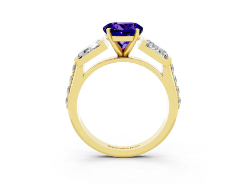 Yellow gold Round Cut Tanzanite Engagement Ring with Baguette Side Stones and Channel Set Band_3