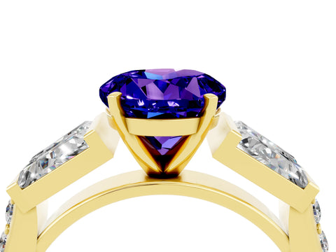 Yellow gold Round Cut Tanzanite Engagement Ring with Baguette Side Stones and Channel Set Band_4
