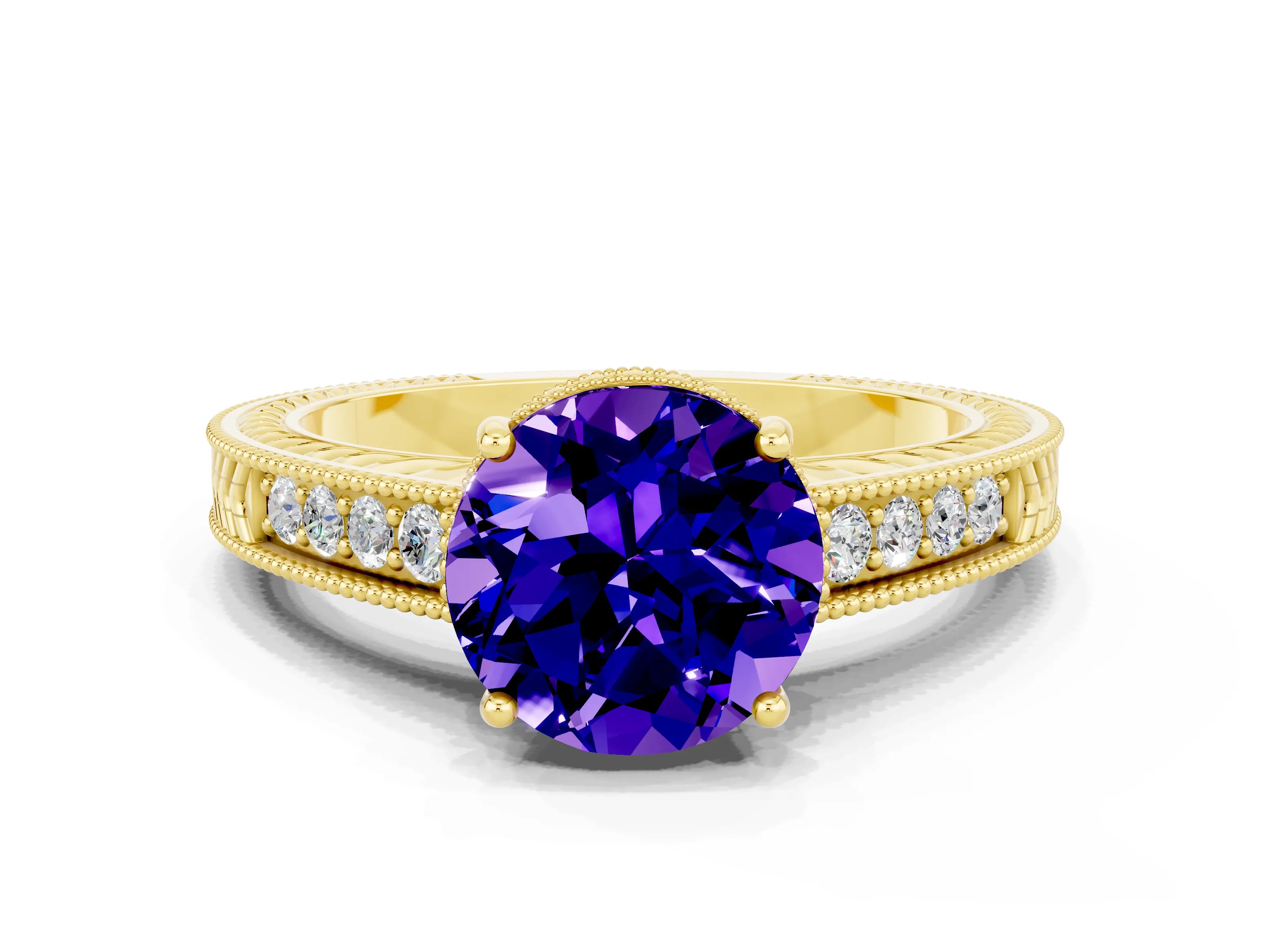 Yellow gold Round Cut Tanzanite Engagement Ring with Milgrain Channel Set Band and Prong Setting