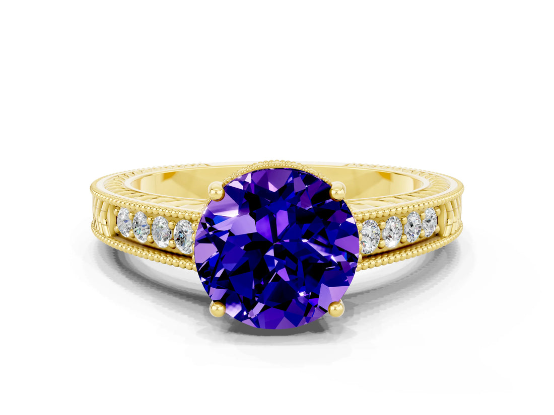 Yellow gold Round Cut Tanzanite Engagement Ring with Milgrain Channel Set Band and Prong Setting