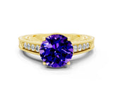Yellow gold Round Cut Tanzanite Engagement Ring with Milgrain Channel Set Band and Prong Setting