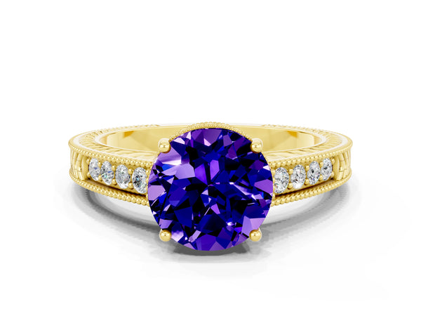 Yellow gold Round Cut Tanzanite Engagement Ring with Milgrain Channel Set Band and Prong Setting