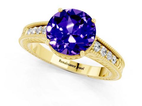 Yellow gold Round Cut Tanzanite Engagement Ring with Milgrain Channel Set Band and Prong Setting_1