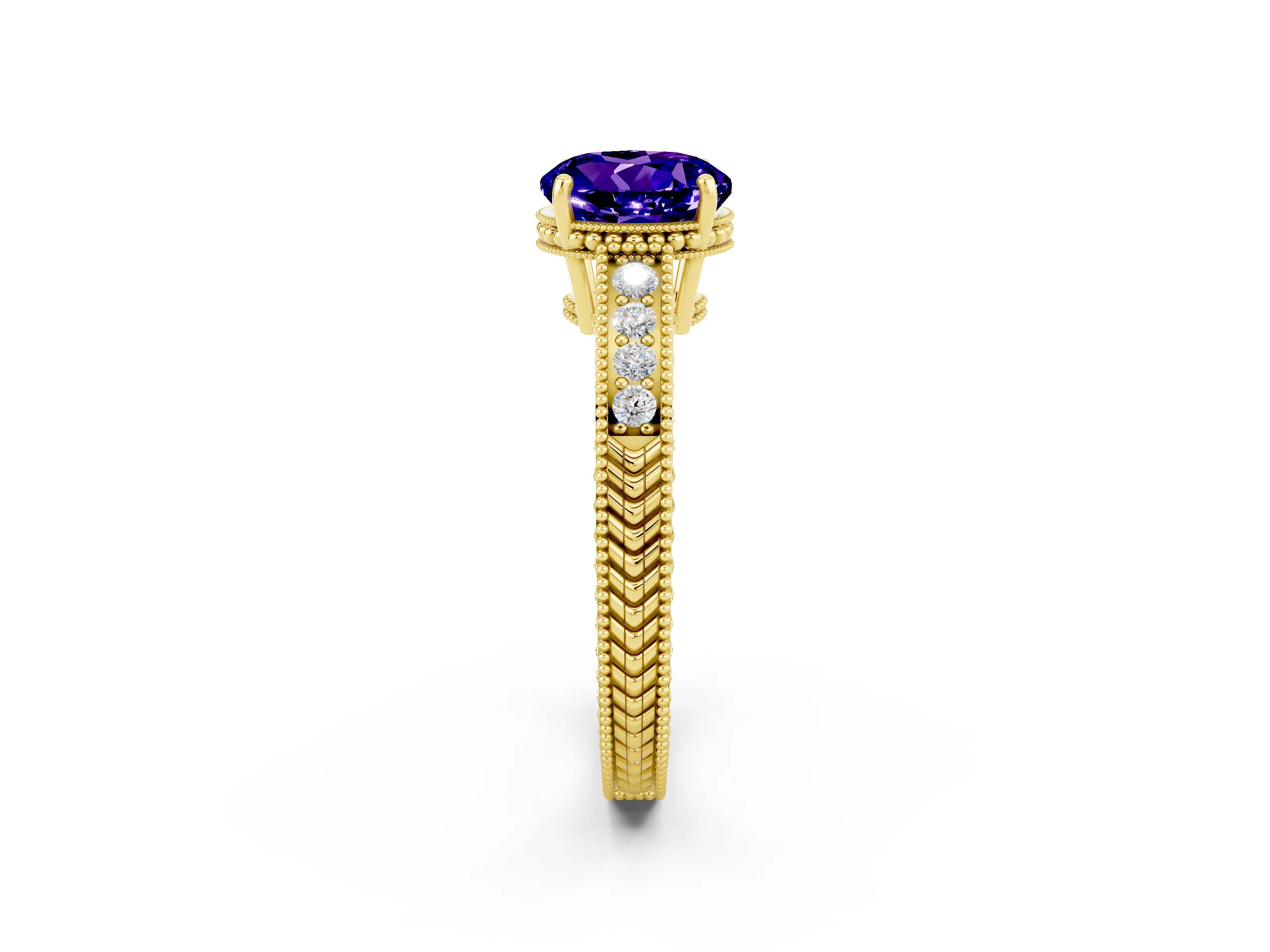 Yellow gold Round Cut Tanzanite Engagement Ring with Milgrain Channel Set Band and Prong Setting_2
