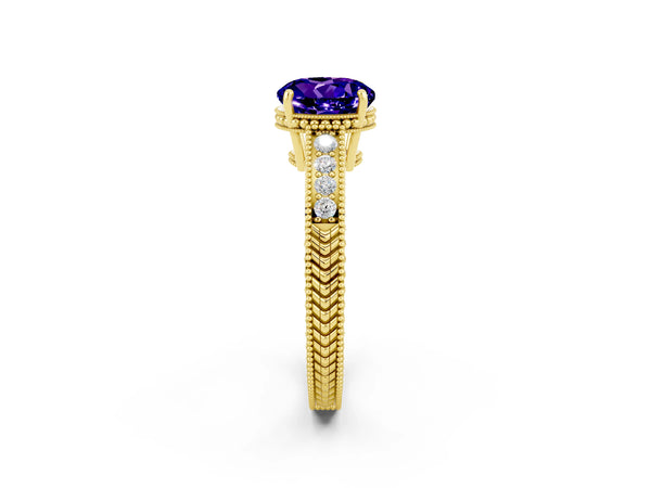 Yellow gold Round Cut Tanzanite Engagement Ring with Milgrain Channel Set Band and Prong Setting