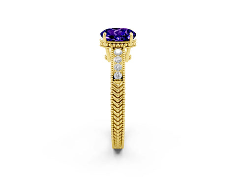 Yellow gold Round Cut Tanzanite Engagement Ring with Milgrain Channel Set Band and Prong Setting_2