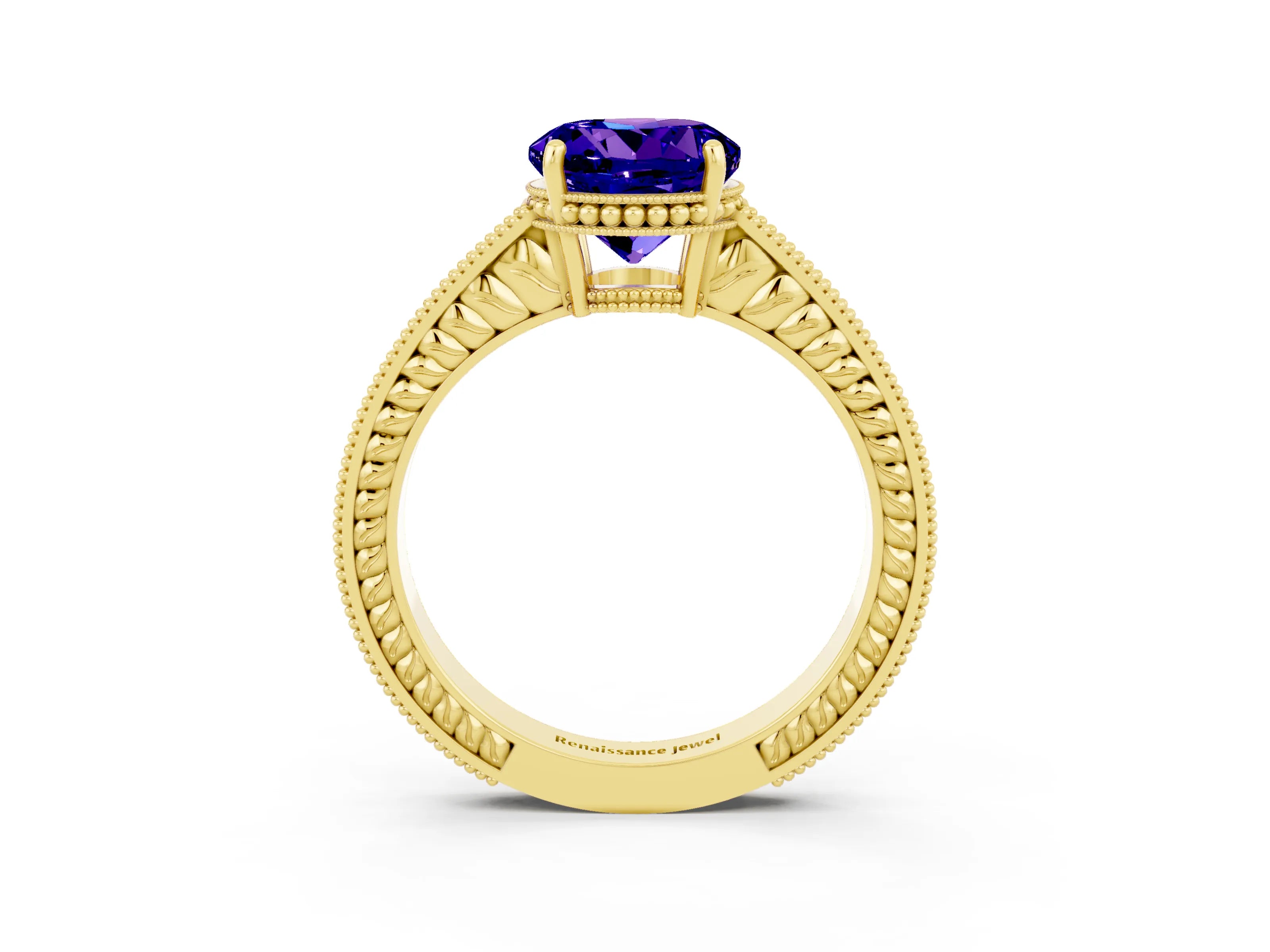 Yellow gold Round Cut Tanzanite Engagement Ring with Milgrain Channel Set Band and Prong Setting_3