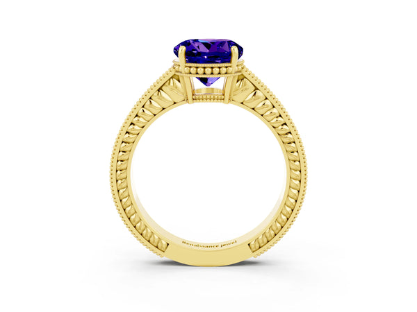 Yellow gold Round Cut Tanzanite Engagement Ring with Milgrain Channel Set Band and Prong Setting