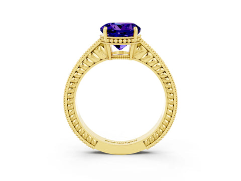 Yellow gold Round Cut Tanzanite Engagement Ring with Milgrain Channel Set Band and Prong Setting_3