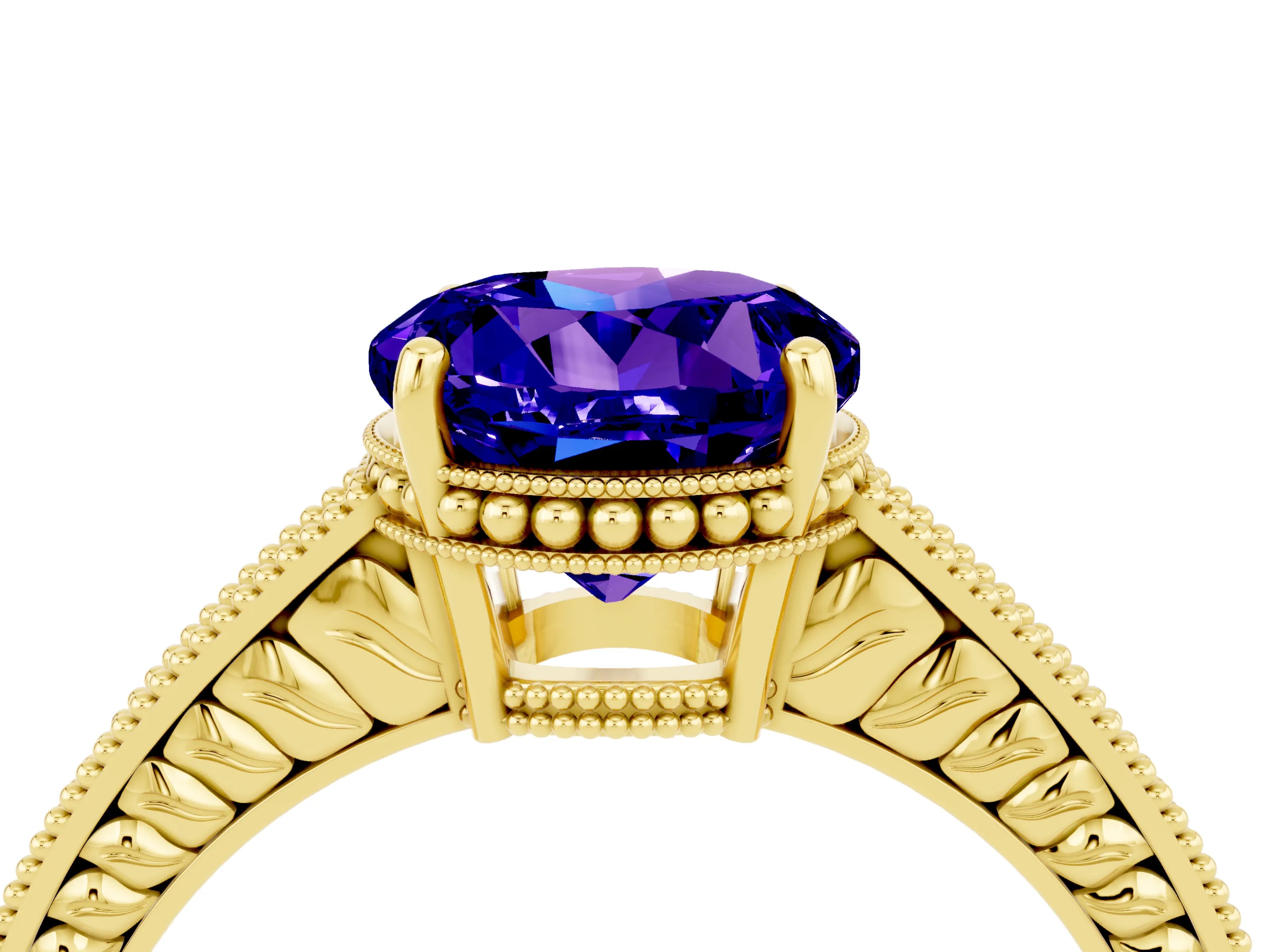 Yellow gold Round Cut Tanzanite Engagement Ring with Milgrain Channel Set Band and Prong Setting_4