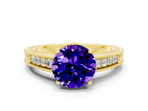 Yellow gold Round Cut Tanzanite Engagement Ring with Milgrain Channel Set Band and Prong Setting