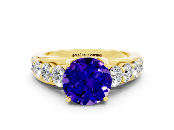 Yellow gold Round Cut Tanzanite Engagement Ring with Pavé Band and Four-Prong Setting
