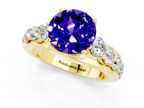 Yellow gold Round Cut Tanzanite Engagement Ring with Pavé Band and Four-Prong Setting_1
