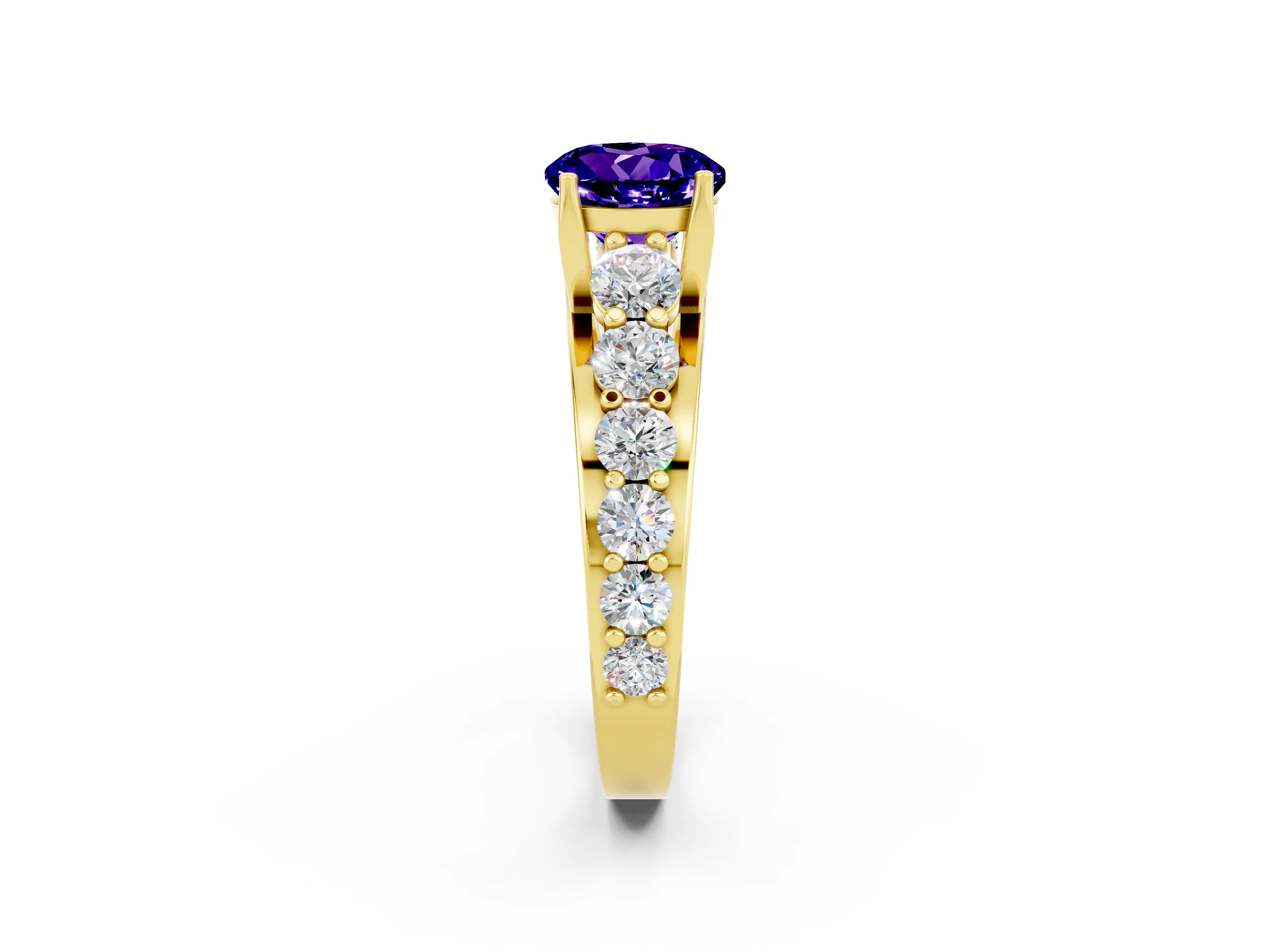Yellow gold Round Cut Tanzanite Engagement Ring with Pavé Band and Four-Prong Setting_2