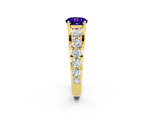 Yellow gold Round Cut Tanzanite Engagement Ring with Pavé Band and Four-Prong Setting