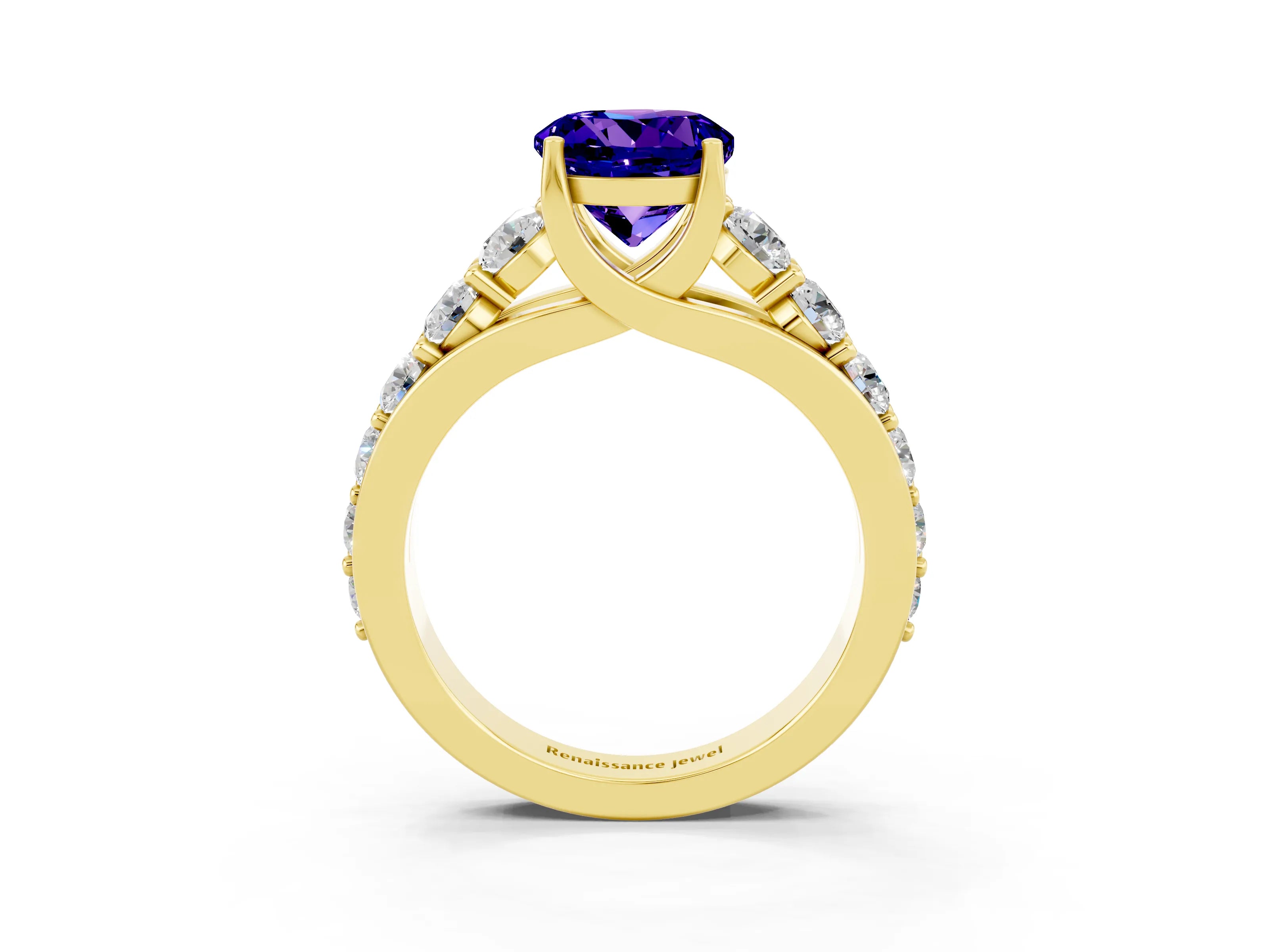 Yellow gold Round Cut Tanzanite Engagement Ring with Pavé Band and Four-Prong Setting_3