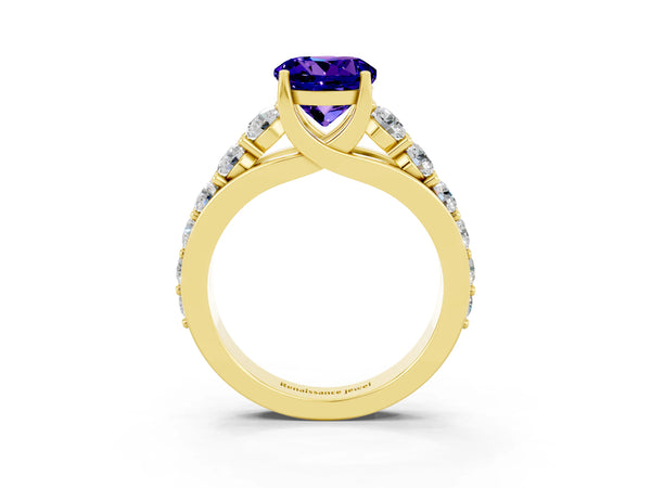 Yellow gold Round Cut Tanzanite Engagement Ring with Pavé Band and Four-Prong Setting