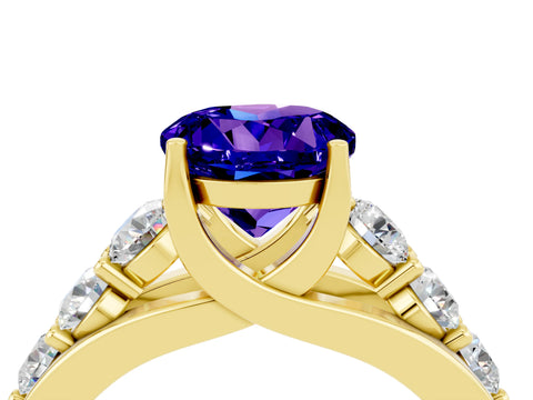 Yellow gold Round Cut Tanzanite Engagement Ring with Pavé Band and Four-Prong Setting_4