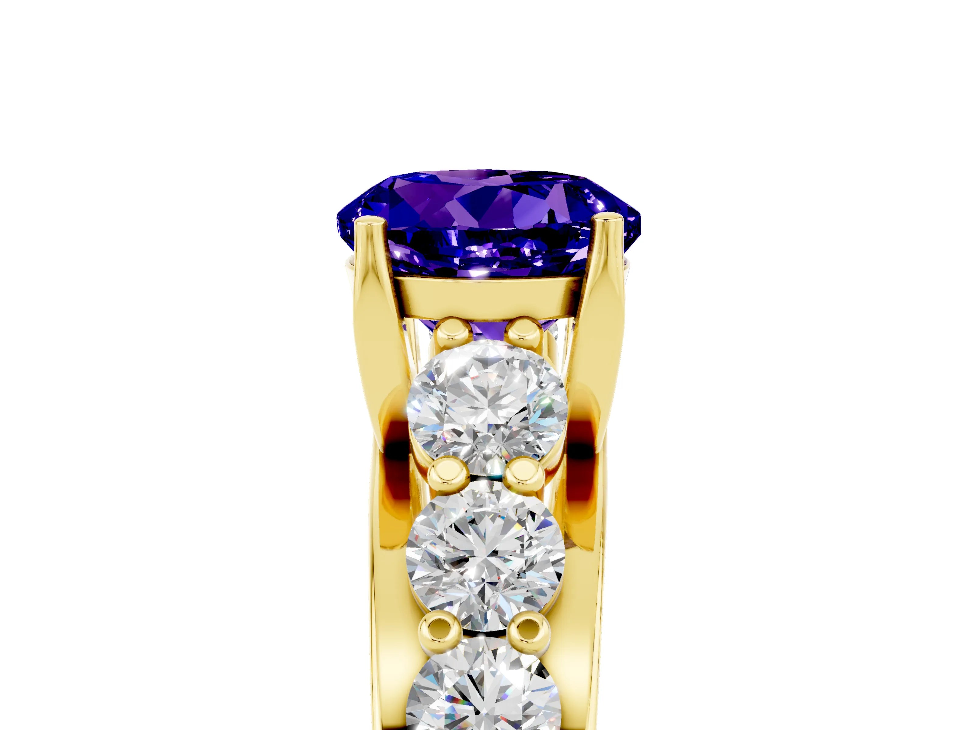 Yellow gold Round Cut Tanzanite Engagement Ring with Pavé Band and Four-Prong Setting_5
