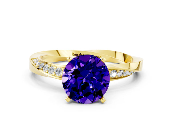 Yellow gold Round Cut Tanzanite Engagement Ring with Side Stone Accents and Four-Prong Setting