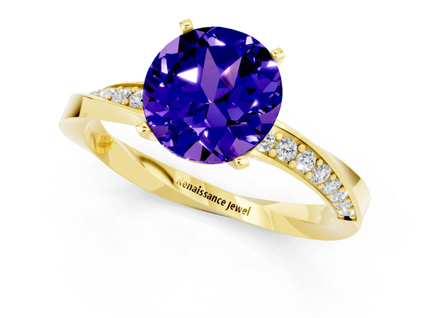 Yellow gold Round Cut Tanzanite Engagement Ring with Side Stone Accents and Four-Prong Setting