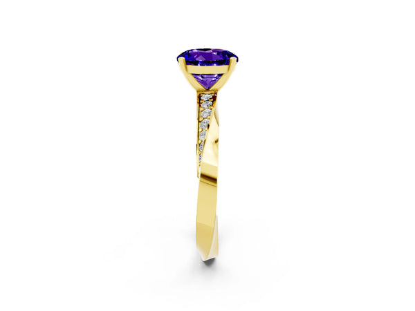 Yellow gold Round Cut Tanzanite Engagement Ring with Side Stone Accents and Four-Prong Setting