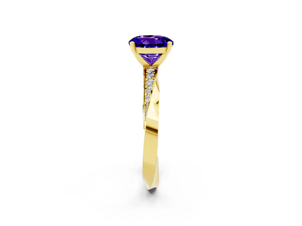 Yellow gold Round Cut Tanzanite Engagement Ring with Side Stone Accents and Four-Prong Setting