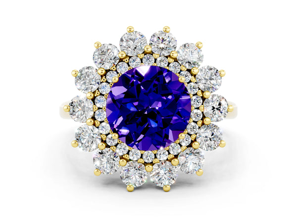 Yellow gold Round Cut Tanzanite Floral Double Halo Engagement Ring with Prong Setting