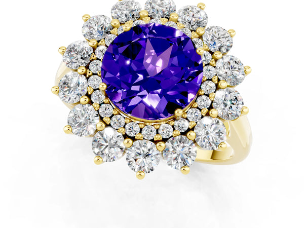Yellow gold Round Cut Tanzanite Floral Double Halo Engagement Ring with Prong Setting