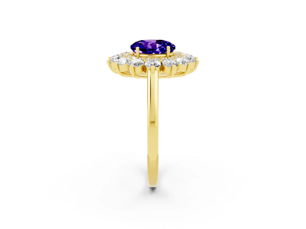 Yellow gold Round Cut Tanzanite Floral Double Halo Engagement Ring with Prong Setting