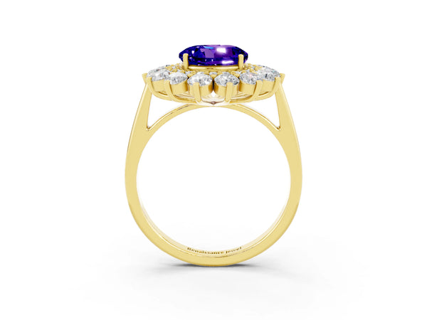 Yellow gold Round Cut Tanzanite Floral Double Halo Engagement Ring with Prong Setting