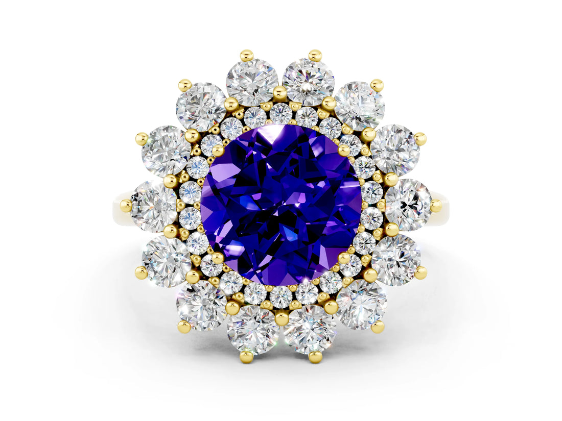 Yellow gold Round Cut Tanzanite Floral Double Halo Engagement Ring with Prong Setting_60