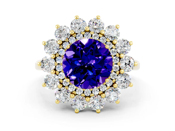 Yellow gold Round Cut Tanzanite Floral Double Halo Engagement Ring with Prong Setting
