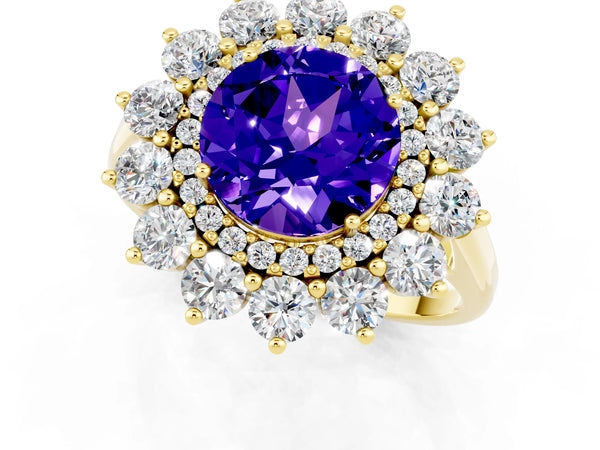 Yellow gold Round Cut Tanzanite Floral Double Halo Engagement Ring with Prong Setting