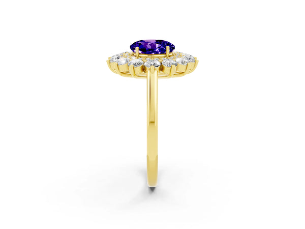 Yellow gold Round Cut Tanzanite Floral Double Halo Engagement Ring with Prong Setting