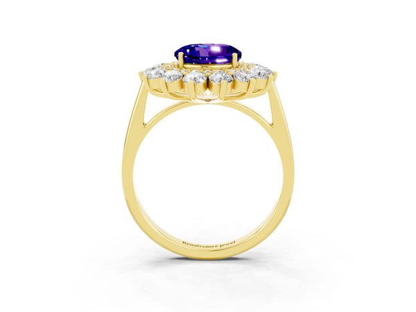 Yellow gold Round Cut Tanzanite Floral Double Halo Engagement Ring with Prong Setting