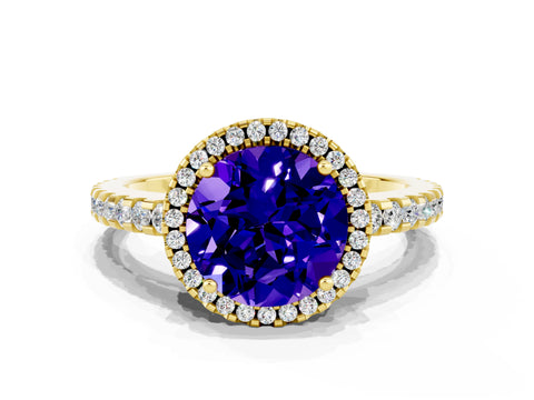 Yellow gold Round Cut Tanzanite Halo Engagement Ring with Pavé Band and Prong Setting_12