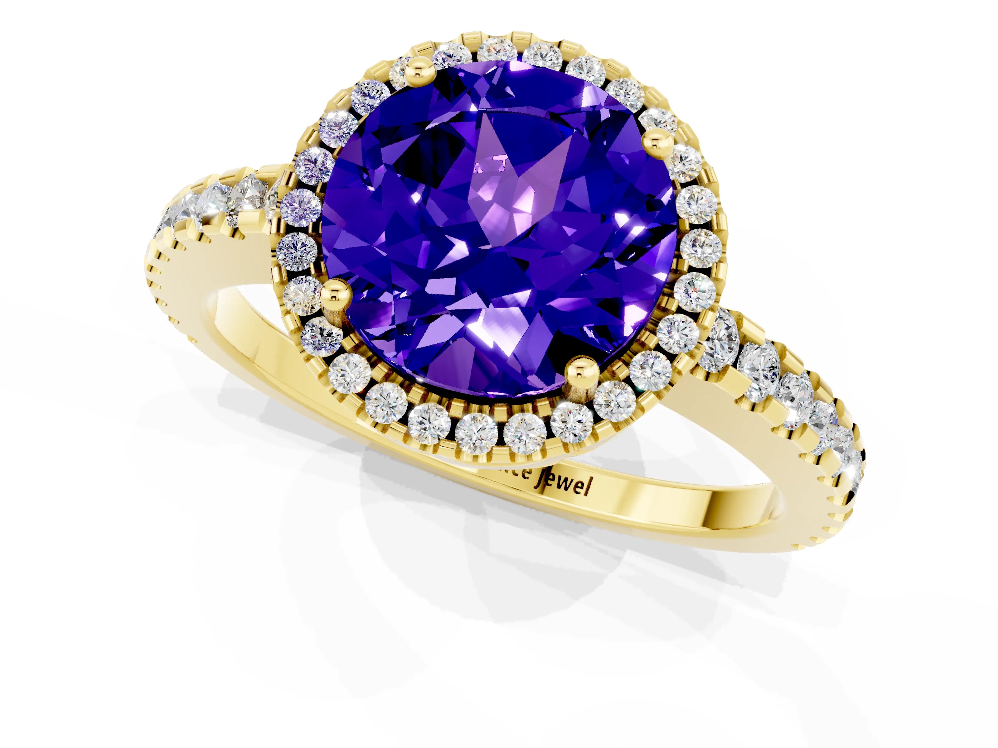 Yellow gold Round Cut Tanzanite Halo Engagement Ring with Pavé Band and Prong Setting_13