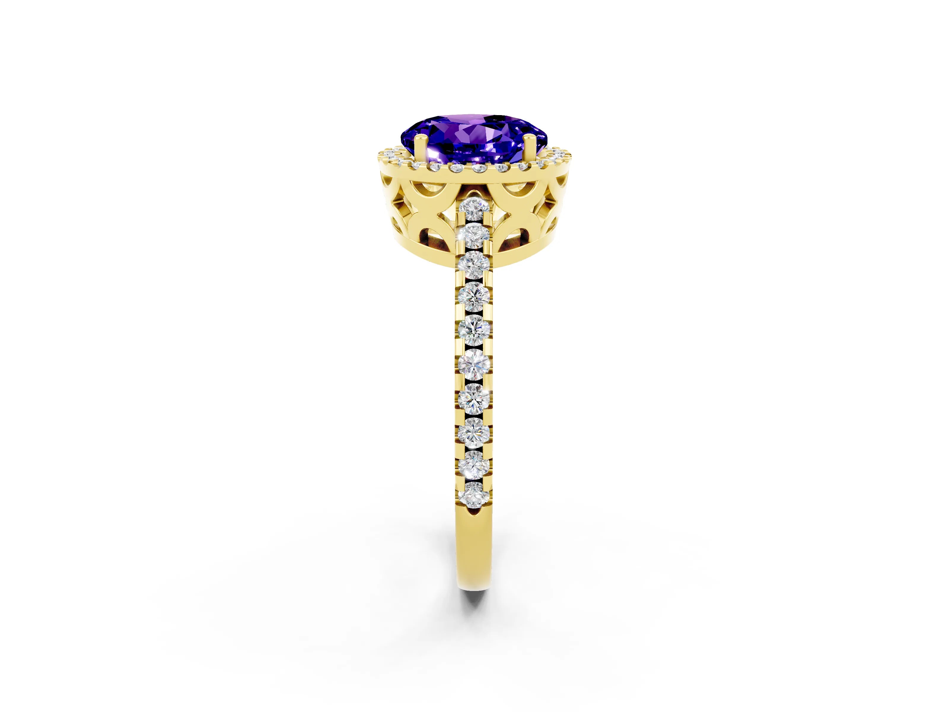 Yellow gold Round Cut Tanzanite Halo Engagement Ring with Pavé Band and Prong Setting_14