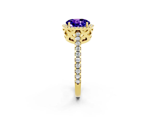 Yellow gold Round Cut Tanzanite Halo Engagement Ring with Pavé Band and Prong Setting